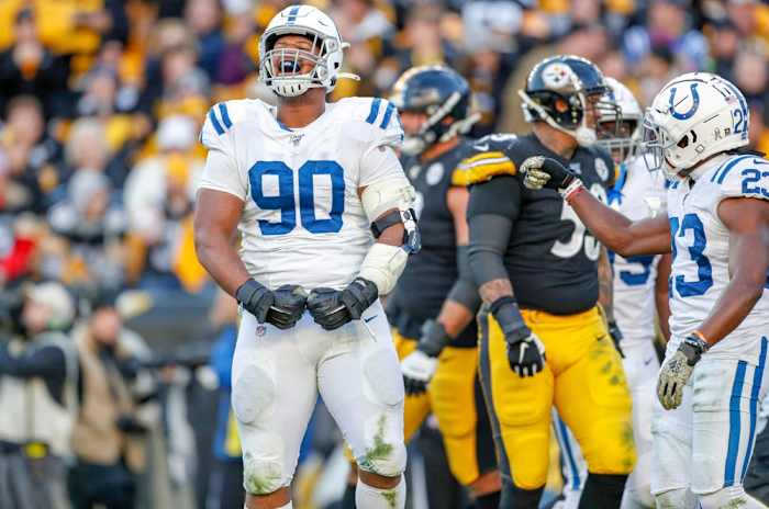 Indianapolis Colts defensive tackle Grover Stewart reacts to a play in a 2019 road loss to the Pittsburgh Steelers. The Colts visit Heinz Field on Sunday.